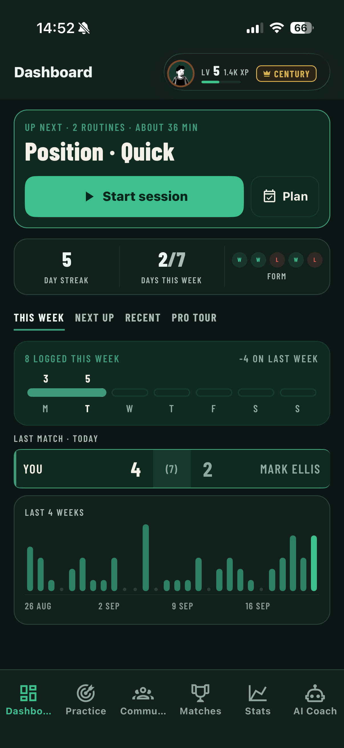 The Snookered home screen: the next session, your streak and form, and this week