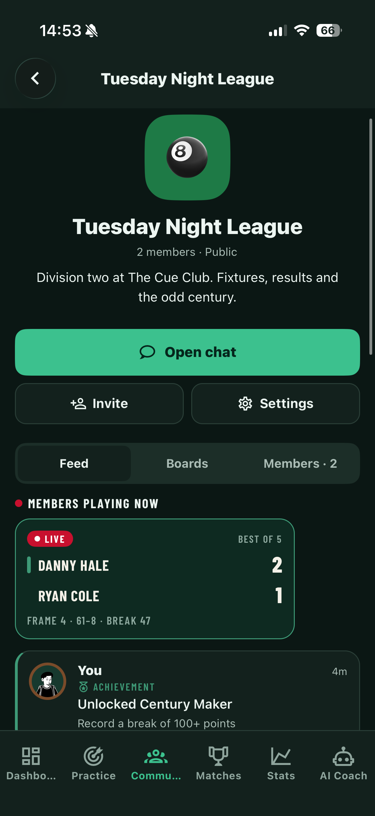 A group in Snookered, with a member playing live and a feed of achievements