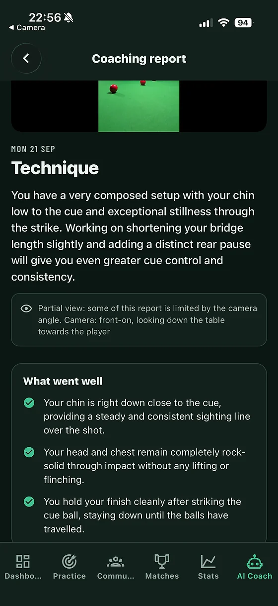 A coaching report in Snookered: technique, what went well and what to work on