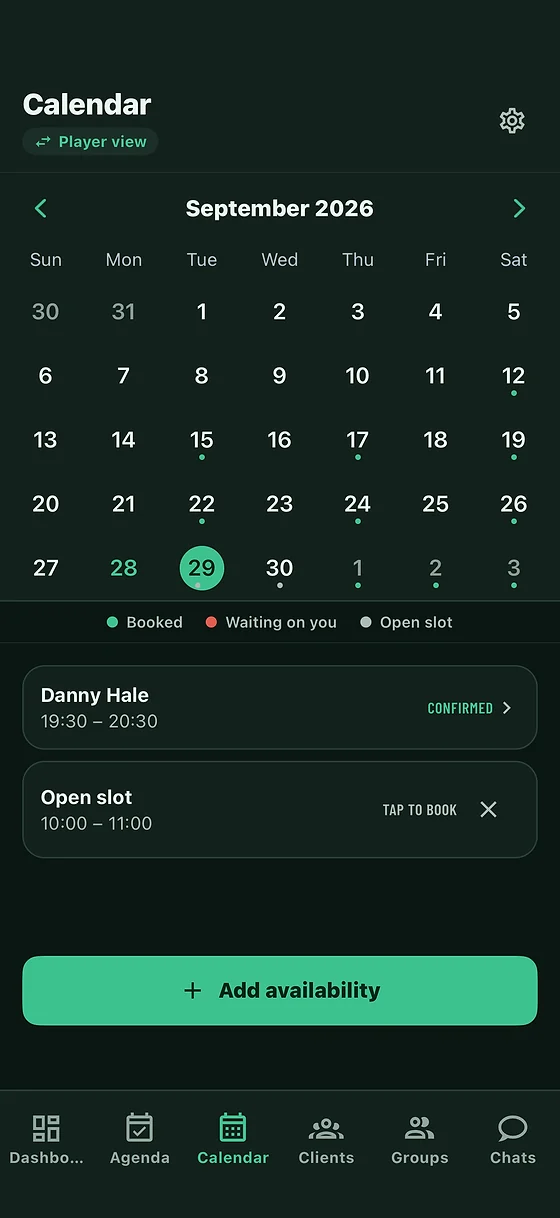 A coach's calendar in Snookered, with confirmed sessions and open slots