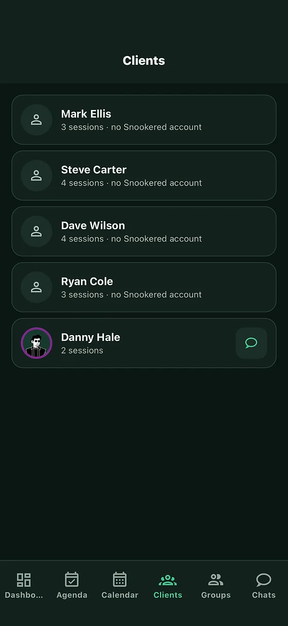 A coach's client list in Snookered, including a client with no Snookered account