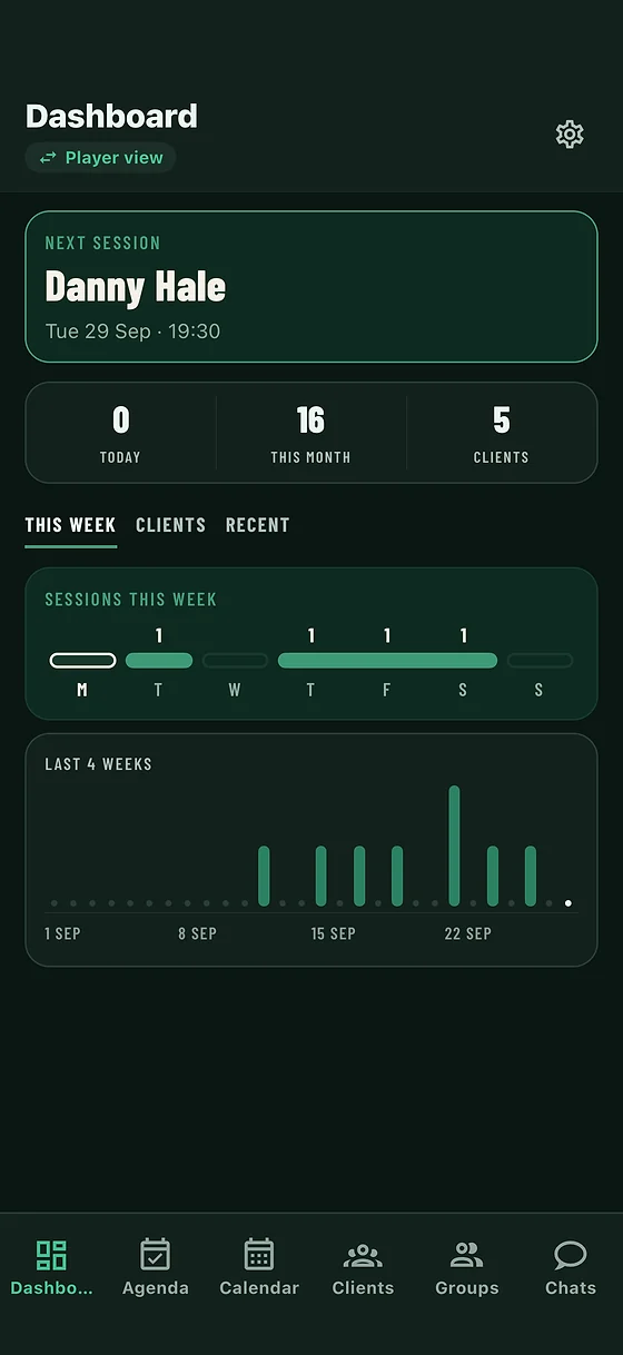 A coach's dashboard in Snookered, showing the next session and sessions this month