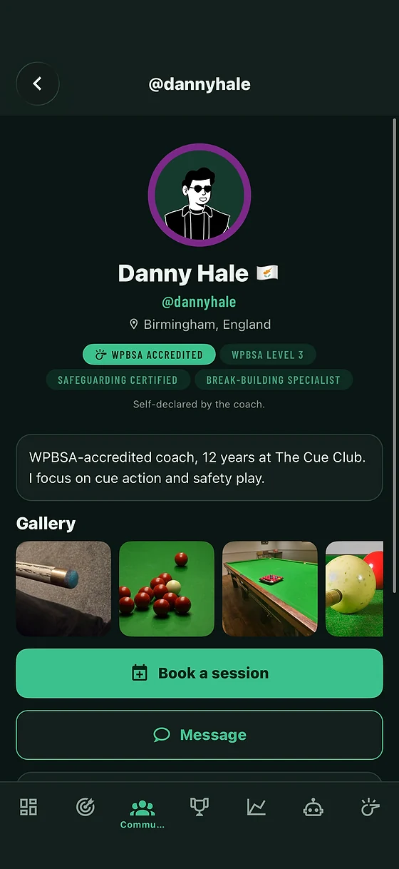 A coach's profile in Snookered, with a Book a session button