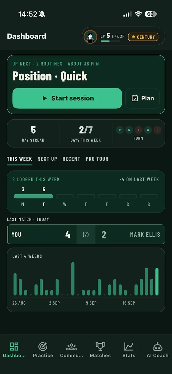 The home screen: the next session, the streak and this week