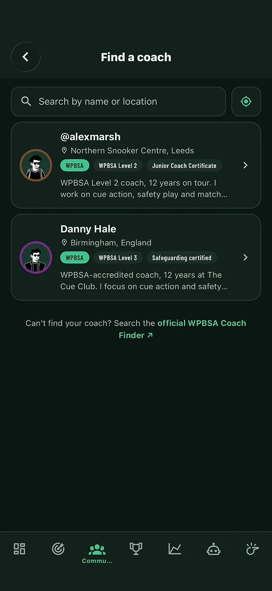 Browsing coaches in Snookered, by name or location