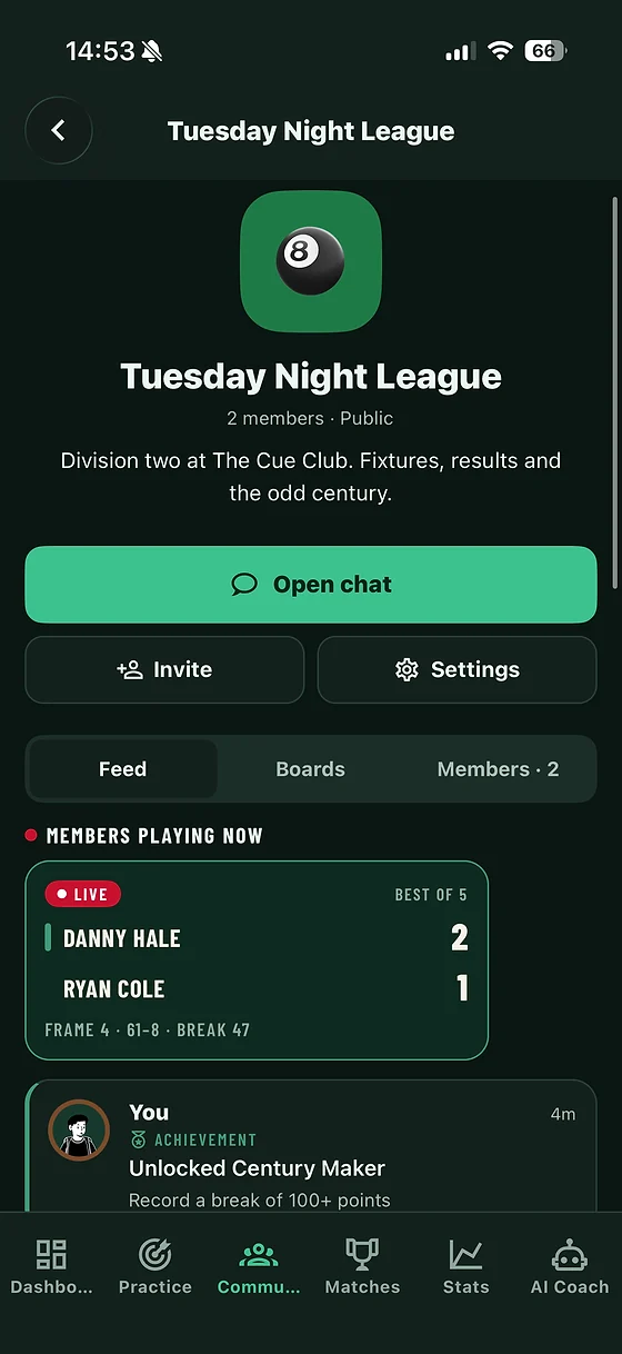 A group with a member playing live and a feed of achievements