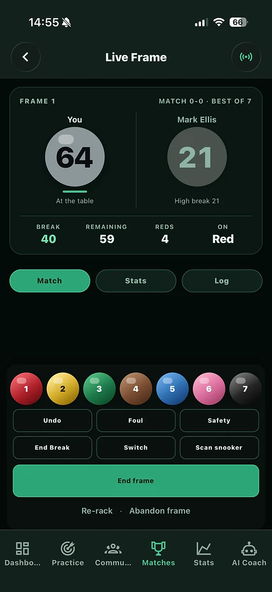 Live scoring in Snookered, mid-frame