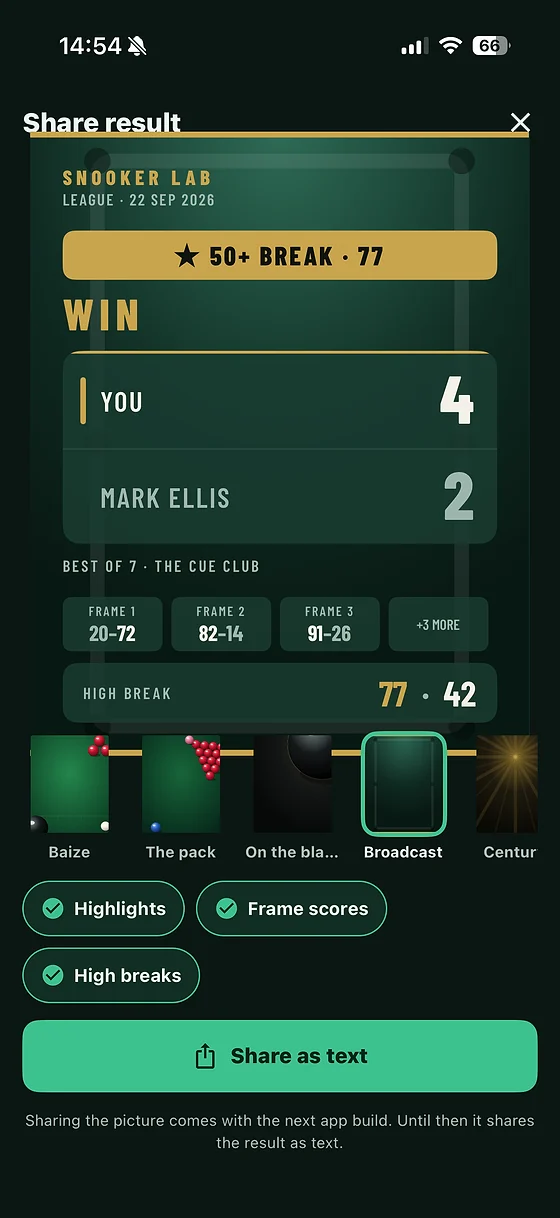 The share card for a result, leading with a 77 break